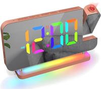 Euakee Reloj Despertador Digital con Proyección, Reloj con Espejo LED de 7,4″, Luz Nocturna de 10 Colores, Proyector Giratorio 180º, Cargador USB-C, para Dormitorio Infantil Niñas Niños (Oro Rosa)