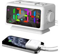 Euakee Reloj Despertador Digital para Dormitorio, Luces Nocturnas RGB Dinámicas Coloridas, Pantalla de Dígitos Multicolor, Regulable, Cargador USB, Radio Reloj FM para Dormilones Profundos (Blanco)