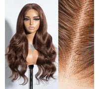Eubeauty Peluca de cabello humano ondulado con encaje frontal de 13 x 6 pulgadas, densidad 200, cabello humano, color marrón chocolate, prearrancado, nudos predecolorados (marrón, 24 pulgadas)