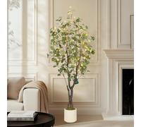 Eucalipto Artificial de 150 cm, Planta Artificial con Luces LED y Tronco de Madera Natural, Plantas de plástico Falsas en Maceta Blanca, decoración para Uso Interior y Exterior, árbol Artificial como