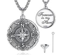 EUDORA Brújula Colgantes para Cenizas para Mujer Hombres Plata de ley 925, Vintage Collar de Cenizas de Papa Mama Urna Regalo Recuerdo Funerario, Joyería Colgante de Urnas para Perros Gatos,50+5CM