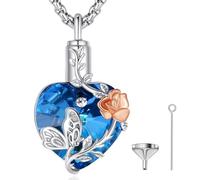 EUDORA Colgantes para Cenizas Humanas Gato Perro para Mujer Plata de ley 925, Collar de Cenizas del Mariposa Rosas con Corazón Circonita Cúbica Azul, Joyería Funeraria Cenizas Regalos de Recuerdo