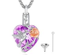EUDORA Colibrí Colgantes para Cenizas Corazón para Mujer Plata de ley 925 con Púrpura Zirconia Cúbica, Collar de Cenizas de Papa Mama Gato Perro Urna Joyería de Urnas Regalo Recuerdo Funerario, 20"