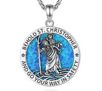 EUDORA Collar de San Cristóbal Con Ópalo Azul para Mujer Hombre Plata de Ley 925, Amuleto Medalla de San Cristóbal Colgantes Vintage Saint Christopher Cristiano Joyería Regalo para Padre Madre, 24"