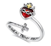 EUDORA Harmony Ball Anillo de Cruz Con Sagrado Corazón de Jesús Plata de Ley S925 para Mujer Hombre, Anillo de Cruz Ajustable Cristiano fe Joyería, Regalo Original para Mujer Hombre