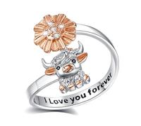 EUDORA Harmony Ball Anillo de Vaca Highland para Mujer Plata de Ley S925 con CZ, Ajustable Anillos de Vaca de las Tierras Altas Margarita Anillo Abiertos Regalo Original para Mujer