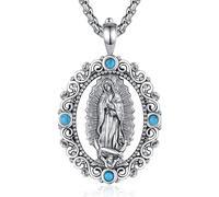 EUDORA Harmony Ball Collar Virgen de Guadalupe de plata de ley 925 para mujer, colgante de medalla milagrosa con piedra turquesa Nuestra Señora de Guadalupe Joya Religiosa Idea Regalo, 22''+2"