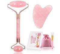 EUDUUQ Juego de 4 rodillos de jade para masaje, cuarzo rosa Gua Sha Stone, rodillo facial de belleza, cuidado de la piel para mejorar la hinchazón de los ojos, reafirmar la piel, antienvejecimiento