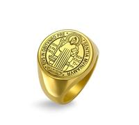 EUEAVAN - Anillo de medalla de San Benito patrón de San Benito con cruz de amuleto cristiano, católico, religioso, joyería religiosa, para hombres y mujeres, Acero inoxidable, Sin piedras preciosas