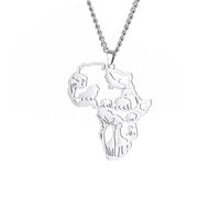 EUEAVAN Collar con mapa de África para hombre Animales africanos Colgante tribal africano Collar con contorno del continente africano Joyería étnica para hijo (plata, longitud: 45 cm)