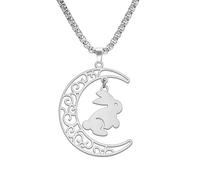 EUEAVAN Collar de conejo con colgante de luna de conejo de Pascua, bonita joya para amantes de los animales, regalos para mujeres, novia, madre, Medio, Acero inoxidable, Sin piedra preciosa