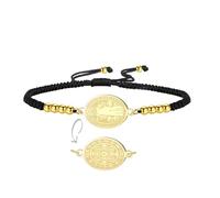EUEAVAN Pulsera con medalla de San Benito hecha a mano con cordón rojo de la suerte Pulsera doble cara de San Benito con cruz Amuleto del santo patrón Joyería católica Regalo religioso (oro-negro)