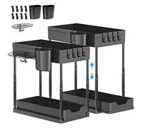 Eufrozy 2 Paquete Organizador Bajo Fregadero, Almacenaje Debajo Fregadero de 2 Niveles Regulable en Altura con 8 Ganchos 2 Tazas 1 Jabonera, Estante Bajo Fregadero Deslizante para Cocina Baño