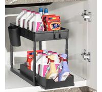 Eufrozy Organizador Bajo Fregadero, Almacenaje Debajo Fregadero Estantería de 2 Niveles Regulable en Altura con 4 Ganchos 1 Tazas, Estante Almacenamiento Bajo Fregadero Deslizante para Cocina