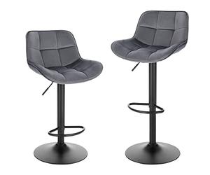 EUGAD Juego de 2 Taburetes Altos de Cocina, Taburete Giratorios de 360° y Ajustable en Altura 60-81,5 cm, con Respaldo y Reposapiés, Terciopelo, Gris Oscuro