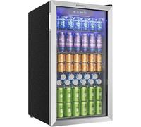 EUHOMY Frigorífico para bebidas con puerta de cristal para 126 latas, nevera pequeña con estantes ajustables para limonada, cerveza o vino, perfecto para casa/bar/oficina, plata, acero inoxidable