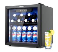 EUHOMY Frigorífico para bebidas, mini nevera con puerta de cristal, enfriador de cerveza, refrigerador de bebidas de mesa para 55 latas, color negro, frigorífico independiente con LED, 38 dB, para