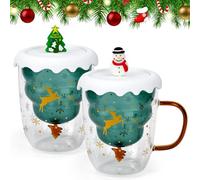 EUIEUT 2 PCS Tazas de Navidad, Taza de Arbol de Navidad de Doble Pared, Vasos Navidad de Cristal con Tapa de Árbol de Navidad, Taza Navideña para Café con Asa para Bebidas Calientes y Frías (300ML)