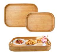 EUIEUT 2PCS Bandejas para Servir Comida, Bandeja de Bambú Rectangular con Asas, Bandejas de Madera de 2 Tamaños, Bandeja Desayuno de Bambú de Cocina para Transportar Aperitivo, Comida y Bebidas