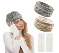 EUIEUT 2PCS Diademas Mujer Invierno, Diadema Orejeras Mujer Invierno con 1 Par de Guantes de Punto, Diadema Pelo Mujer Invierno Cálido de Punto Engrosadas, Diadema Deporte Invierno Mujer (Beige Gris)