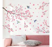 EUIEUT 2PCS Pegatinas Pared Flores, Vinilos de Flor de Cerezo Rosa y Pájaros, Pegatinas Flores Adhesivo, Vinilo Dormitorio Salón Cocina