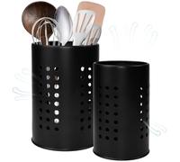 EUIEUT 2PCS Soportes para Utensilios de Cocina, Porta Utensilios de Cocina con Patrón de Orificios, Escurre Cubiertos de Cocina de Acero Inoxidable, Bote Utensilios Cocina para Cubiertos(Negro Mate)