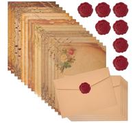 EUIEUT Juego de Papel de Cartas Vintage, Incluye 16 Papeles de Kraft con Patrones de Flores Retros A5 para Escribir,16 Sobres Vintage y 16 Pegatinas Sellos de Cera para Invitaciones Bodas Cumpleaños
