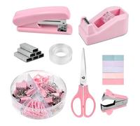 EUIEUT kit de Suministros de Oficina, Incuye Grapadora Oficina, Removedor de Garras, Dispensador de Cinta, Grapas, Caja de Clips, Cinta, Tijeras y Pestañas para Oficina,Hogar y Escuela (Rosa)