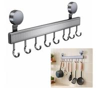 EUIOOVM Perchero de cocina sin taladrar con 8 ganchos con ventosa, barra de acero inoxidable de 40 cm, barra para utensilios de cocina, barra de aluminio, barra de ganchos para ropa