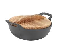 Eujgoov Sartén Wok de Hierro Fundido, Sartén para Saltear de Fondo Plano Presazonada de 14 Pulgadas con Tapa de Madera, Apta para Horno para Cocina Asiática, Freír, Hervir a Fuego Lento y Cocinar Al