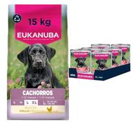EUKANUBA Alimento Seco con Pollo para Cachorros de Razas Grandes 15kg + EUKANUBA Alimento Húmedo para Cachorros con Vacuno y Calabaza, 6 x 400g