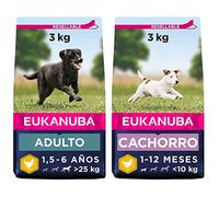 Eukanuba Alimento seco para Perros Adultos Activos de Raza grande, Rico en Pollo Fresco 3 kg & Alimento seco para Cachorros de Raza pequeña, Rico en Pollo Fresco 3 kg