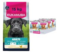 EUKANUBA, Alimento seco para Perros Adultos con Pollo Fresco para Razas Grandes, 15 kg + EUKANUBA Alimento húmedo para Perros Adultos, Mono-Protein de Pollo 6 x 400 g