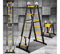 Eulenke Escalera telescópica plegable, 1,9 m + 1,9 m, escalera de aluminio, 6 + 6 peldaños, 150 kg de capacidad de carga, escalera telescópica extensible, color negro y amarillo