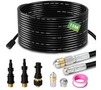 Eulenke Manguera de limpieza de tuberías de 15 m, 2 boquillas rígidas y giratorias, 3 adaptaciones, compatible con Kärcher K2 - K7, LAVOR, Parkside, Bosch, limpiador de alta presión para inodoros,