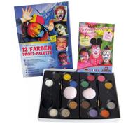 Eulenspiegel 212011 - Paleta de maquillaje profesional, 12 colores aqua profesionales, 2 esponjas, 2 brochas, 3 purpurinas, 1 esponja para barba incipiente, 1 guía de maquillaje