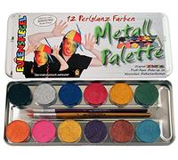 Eulenspiegel 212028 - Paleta metálica colores nacarados, 12 x 3,5 ml pintura, 2 pinceles, colores de maquillaje