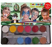 Eulenspiegel 212226 - Paleta metálica Carnaval de los Animales, 12 colores de maquillaje profesional aqua, 2 pinceles profesionales, 3 almohadillas de esponja