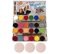 Eulenspiegel 224007 - Maquillaje profesional aqua, 24 colores, 3 pinceles profesionales, 3 esponjas, paleta metálica