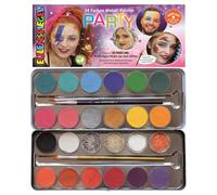 Eulenspiegel 224212 - Paleta de maquillaje Party, 24 colores, 3 pinceles, set de maquillaje vegano, maquillaje infantil, carnaval [Exclusivamente en Amazon]