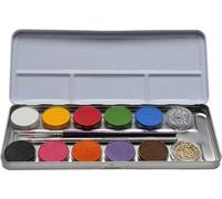 Eulenspiegel - Paleta de maquillaje profesional Aqua, 12 colores | Paleta metálica con 10 colores de maquillaje al agua, 2 purpurinas y 2 pinceles, para Carnaval y fiestas temáticas