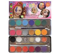 Eulenspiegel - Paleta de maquillaje profesional Aqua Party, 24 colores | Paleta metálica con 20 colores de maquillaje al agua, 4 purpurinas, 3 pinceles e instrucciones, para Carnaval