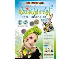 Eulenspiegel - Paleta de maquillaje Rainforest Face, 15 colores | Con 12 colores de maquillaje, 3 purpurinas, 3 esponjas, 2 pinceles e instrucciones, para crear unas 120 máscaras
