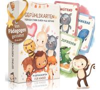 EULENTALER® Tarjetas de sentimientos para niños I Diseñadas por pedagogos, 44 tarjetas de emoción con explicaciones adecuadas para niños y valiosas preguntas de conversación, animales lindos pintados