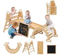 EULEUY 8en1 Madera Triangle Set Triángulo de Escalada Montessori de Interior con Arco Montessori Madera, Tobogán y Mini Tablero de Dibujo Infantil Parque de Escalada Montessori de 1 a 6 Años