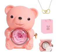 Eunmsi Collar de Corazón Grabado con Caja de Regalo de Oso de Rosa Real, Regalos de Oso Abrazador de Rosa Preservada para Mujeres, Set de Regalos de Rosa Preservada, Caja de Joyería de Oso Giratorio