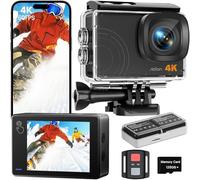Euorosi Cámara de acción 4K 60FPS 48MP, cámara subacuática impermeable de 131 pies con funda, cámara deportiva de motocicleta EIS con zoom 8X, tarjeta de 128 GB, control remoto, baterías y kits de