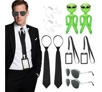 EUPSIIU 12 Piezas Agente Disfraz Accesorios, Servicio Secreto Juego de Disfraces Espía Accesorios con Gafas de Sol, Corbata, Inflables Extraterrestre, Placa ID, Auricular, para Cosplay (Negro)