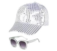 EUPSIIU 2 Piezas Accesorios de Discoteca de los 70 Disfraz,Sombrero de Discoteca Plateado para Accesorios de Discoteca de los 70 con Sombrero de Lentejuelas Gafas de Sol (2 Piezas)