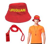 EUPSIIU 2 Piezas Juego de Disfraz de Guardia, Accesorios de Halloween incluye Rojo Sombrero del Pescador y Silbato para Salvavidas, Disfraz de Carnaval Disfraz Deportista para Hombre y Mujer